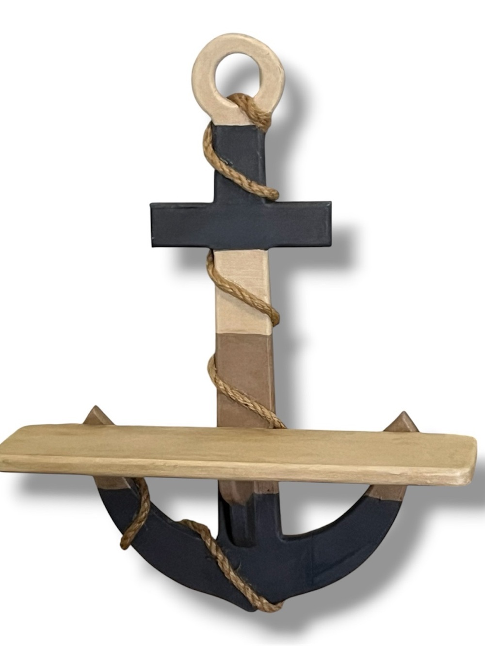 Nautical Anchor Wall Shelf in Blue, Natural Wood, natural twisted rope accent